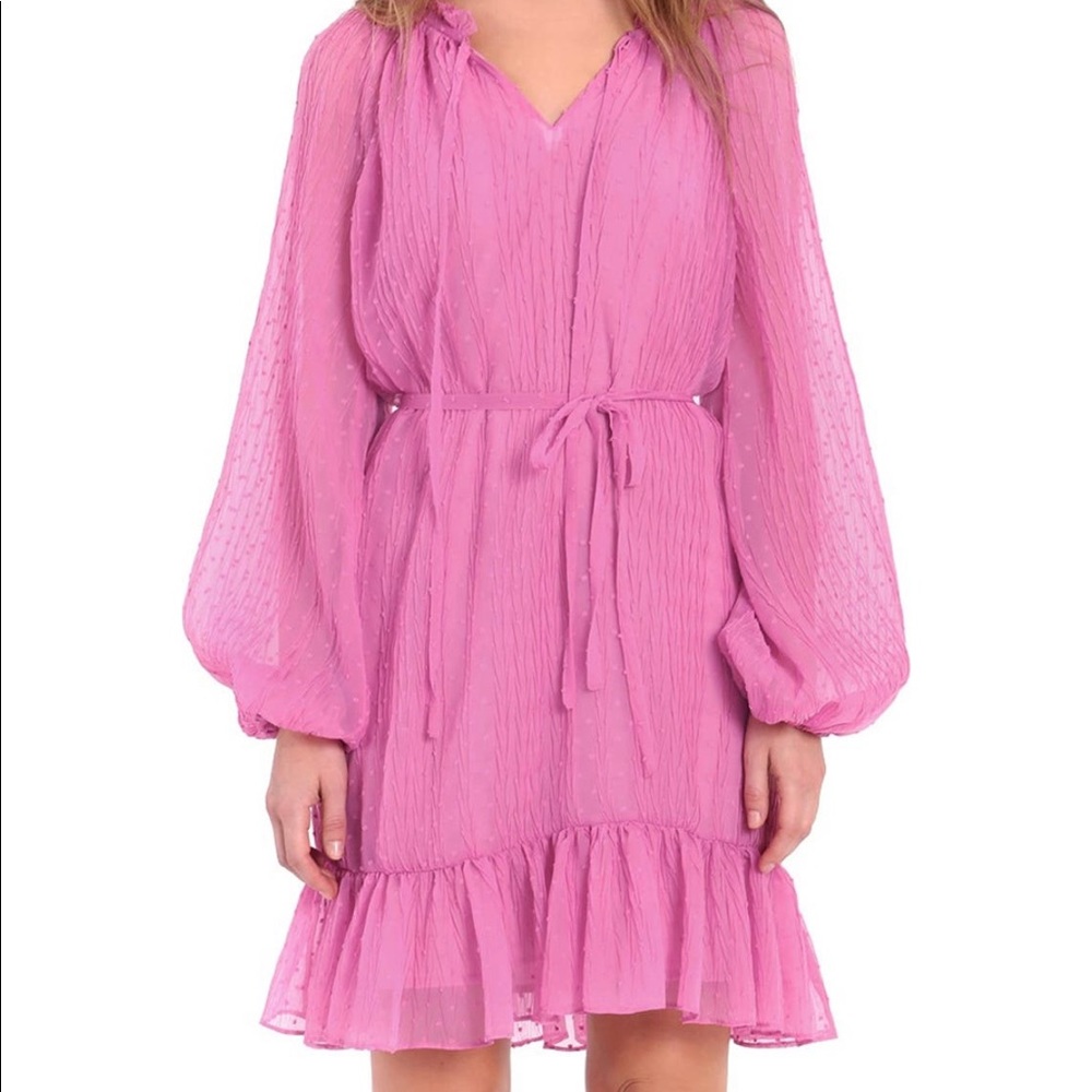 DONNA MORGAN V-Neck Puff Sleeve Sheer Dress